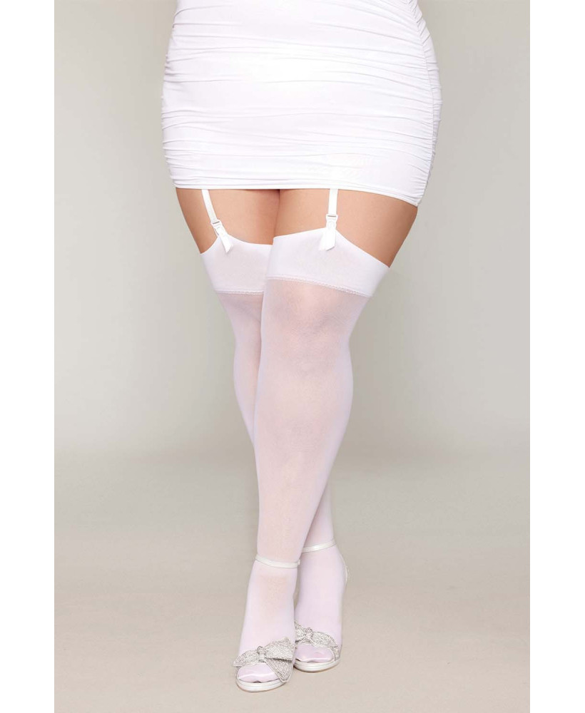 Bas blanc, grande taille, avec couture arrière en strass 